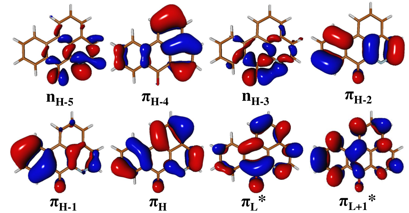 Orbitales moleculares de frontera
obtenidos con el nivel de teor&iacute;a BHLYP/TZVP
de oxoglaucina sin grupos metoxilo