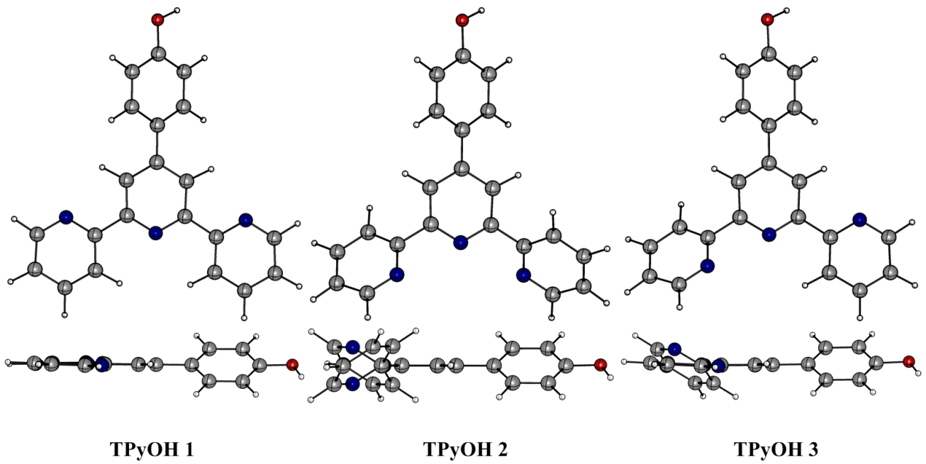 Optimized molecular
structures of TpyOH 1, TpyOH 2 and TpyOH 3 conformers in ethanol, calculated at
the PCM/TD-PBE0/6-31+G(d,p) level of theory