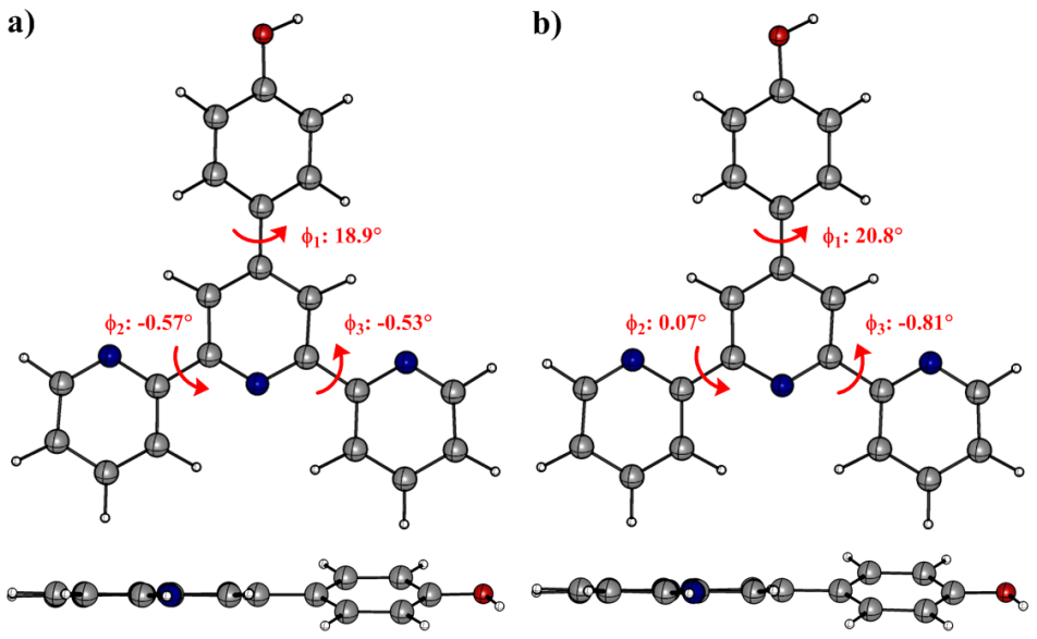 S1 optimized molecular structures of TpyOH 1 in a) gas phase and b)
ethanol solution calculated at the (PCM)/TD-PBE0/6-31+G(d,p) level of theory