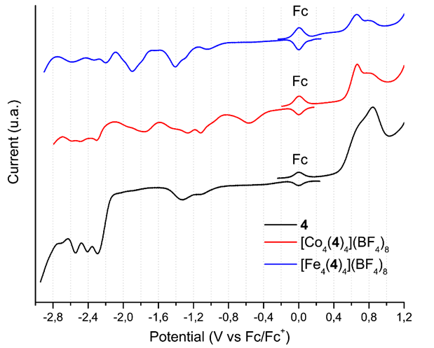 Figure 11. Squared
wave voltammetry of the bis(hydrazone) 4 (in black) and Fe2+ (in
blue) y Co2+ (in red) metallogrids. Scan rate 100
mV s-1.