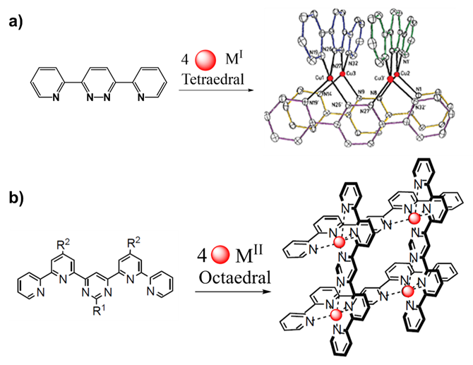 Figure 1. Formation of metallogrids
based on ditopic ligands a) bipyridine and Cu+ ions and tritopic
ligands b) terpyridine and M2+ ions. Image inspired by references 25
and 26. 