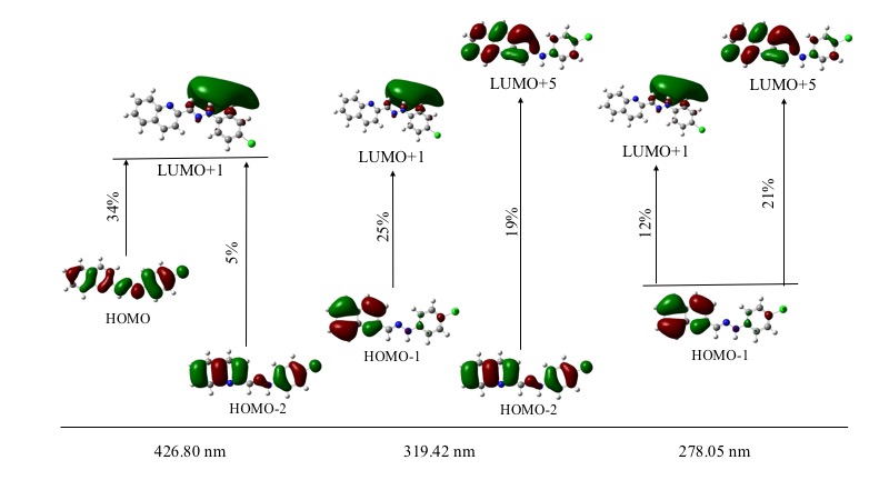 Figure 7. Main electronic transitions in ultraviolet-visible and contribution
percentage. 