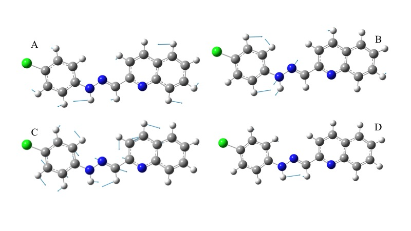 Figure 8. Displacement
vectors for selected vibrational modes. A) C-H bending. B) N-N stretching. C)
C=N stretching. D) N-H bending. 