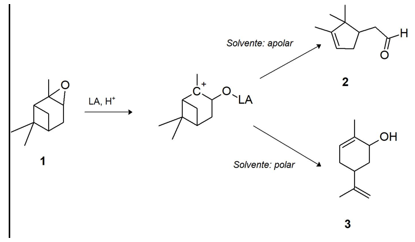 Figura 2. Formaci&oacute;n de aldeh&iacute;do canfol&eacute;nico 2 o trans-carveol
3 usando un medio &aacute;cido tipo Lewis o
b&aacute;sico tipo Br&ouml;nsted. El primer paso y determinante de la reacci&oacute;n es la
formaci&oacute;n del carbocati&oacute;n intermedio. LA = &aacute;cido de Lewis; H+ = &aacute;cido
de Br&ouml;nsted. Modificado de [10-11].