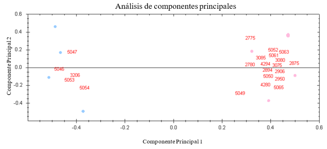 Figura 2.
Análisis de componentes principales de datos de volumen de los spots. La figura ilustra los dos
componentes principales que explican la mayoría de las variaciones en el
conjunto de datos, trazadas una contra la otra. Cada gel individual se muestra
mediante puntos en los que se indican los geles del grupo control con puntos
azules y los geles del grupo de pacientes con LLA-B con puntos rosados. Los spots de proteína se indican con su
número identificador.