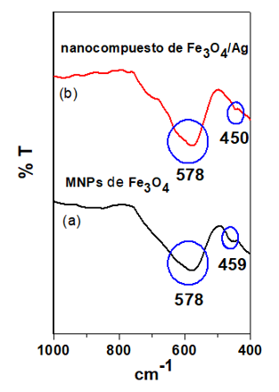 Espectro FTIR (a) MNPs de Fe3O4,
(b) nanocompuesto de Fe3O4/Ag.