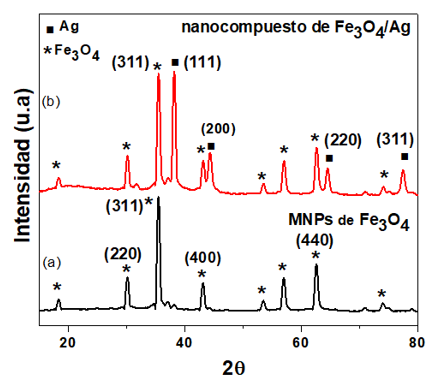  Patrones de difracci&oacute;n
de rayos X para (a) MNPs de Fe3O4 y (b) nanocompuesto de Fe3O4/Ag.