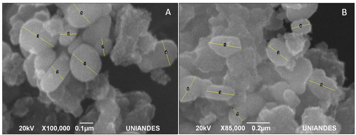 Microscopia Electr&oacute;nica de
Barrido. A) TiO2-Mn en
polvo B) TiO2-Mn
soportado en los anillos.