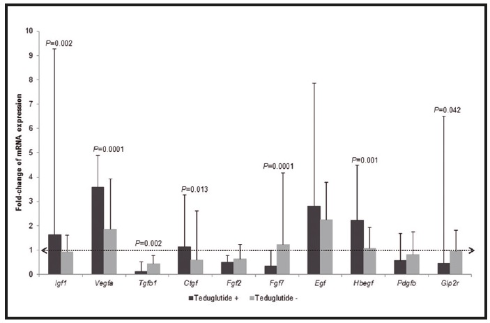 Fold-change of relative gene expression of growth factors and Glp2 receptor, in the ileum of rats from all groups (n = 59) at the moment of sacrifice, according to eduglutide administration. Relative gene expression was determined at the moment of sacrifice (third or seventh day after ileal resection and anastomosis and after laparotomy) by qRT-PCR. Samples recovered at the sacrifice from rats submitted to ileal resection corresponded to the anastomotic segment. Values were normalized to Hprt gene and fold-changes were generated by comparing with baseline values of rats submitted to ileal resection (n = 28). Results were expressed as median &plusmn; interquartile range. Mann-Whitney U test was used. Teduglutide + Postoperative teduglutide administration; Teduglutide - Without teduglutide administration.