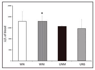 GPx activity in the peripheral blood samples of well-nourished children (WN), well-nourished infected children (WNI), moderately malnourished infected children (UNM) and severely malnourished children with infections (UNS). The data are presented as the average ± standard error. Significant differences: *WNI vs UNM and UNS (p < 0.05).