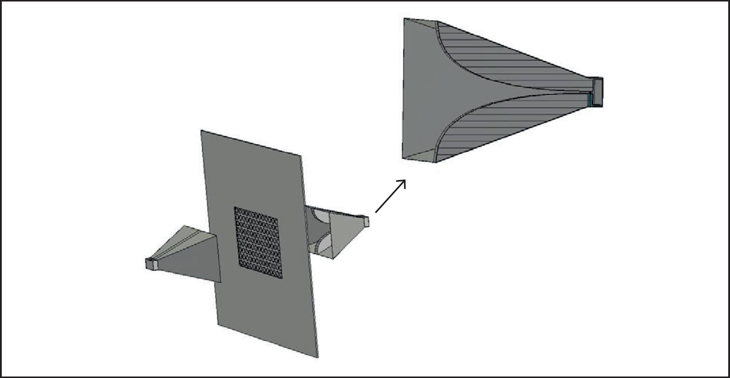 CST simulation setup of the FSS in a channel with two broadband horn antennas (the blown up is shown in detail, up right).