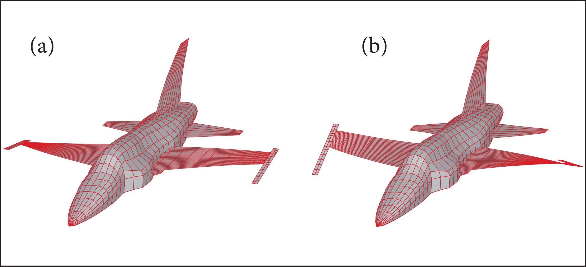 Mode shapes involved in coupling mechanism. (a) 5th mode vertical fin bending — 15.10 Hz; (b) 7th mode antisymmetric wing torsion — 16.70 Hz.