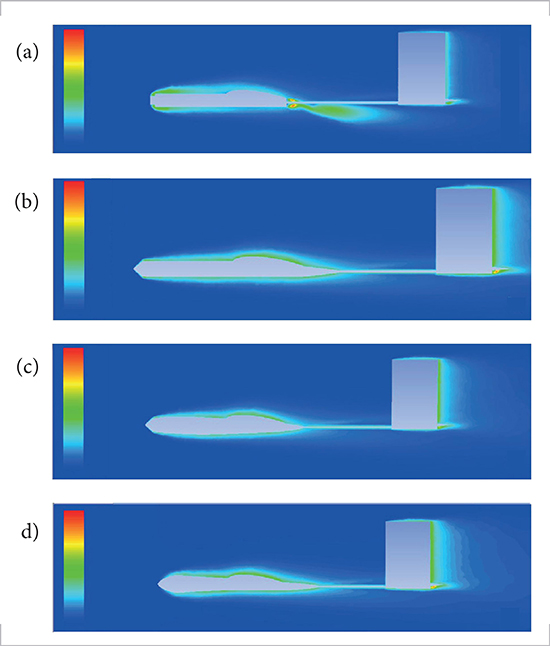 (a) Basic cuboidal (Trail 1); (b) Tapered ends (Trail 2); (c) Streamlined (Trail 3); (d) Final design (Trail 4).