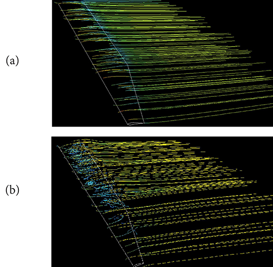 Streamlines at (a) 4&deg;; (b) 10&deg;.