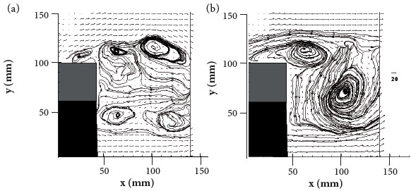 Instant velocity fields for an AR3 square section cylinder,
									z/h = 0.3. (a) symmetric vortex shedding; (b)
								anti-symmetric vortex shedding.