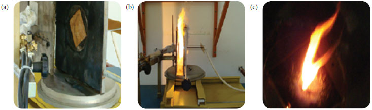 Oxyacetylene test: (a) sample placed over a steel platform; (b)
								testing under an oxyacetylene flame at 20 mm from the nozzle; and
								(c) sample just after ablation.