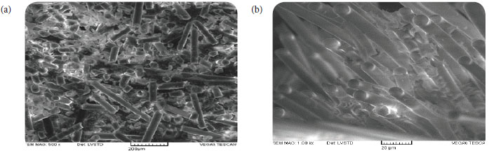 SEM micrographs of SSF/MRR ablator composite specimens before
									ablation: (a) random distribution SSF in composite; (b) poor
									wetting of fibers by matrix.