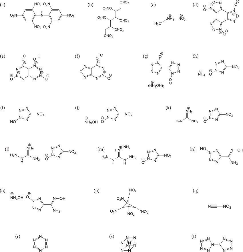 Structural formulas of different C-H-N-O, CNO and Nx
								(x = 6,8,10) monopropellants.