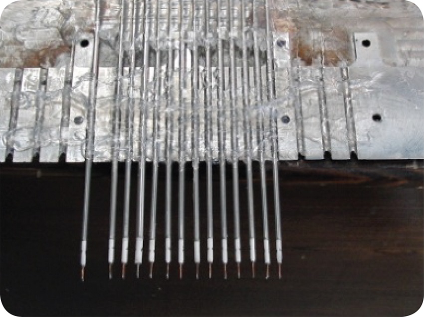 Rake of hot wire sensors.