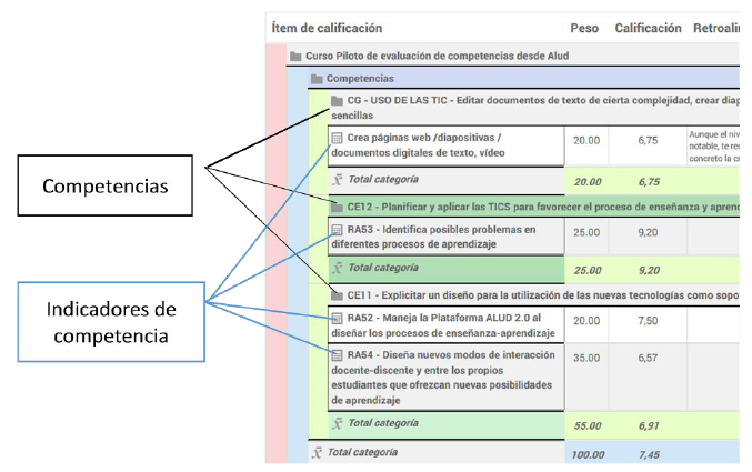 Detalle de la calificaci&oacute;n por competencias de un estudiante en un curso ficticio