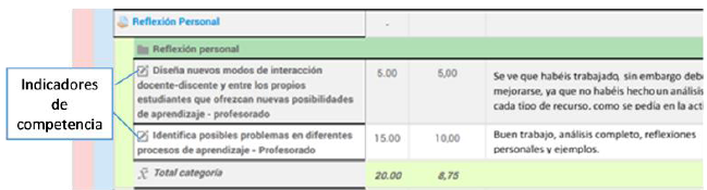 Detalle de una actividad y sus indicadores en la hoja de calificaci&oacute;n de un estudiante