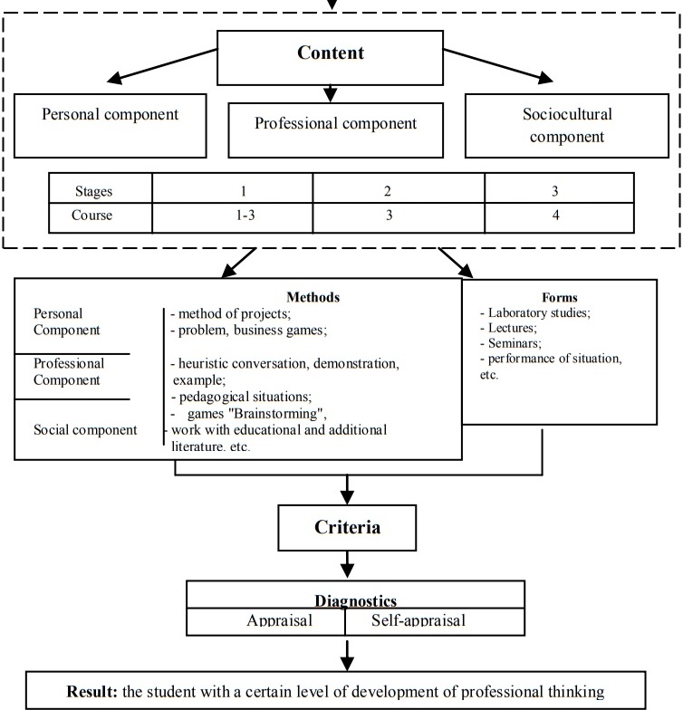 The model of development of professional
thinking at students in higher educational institution