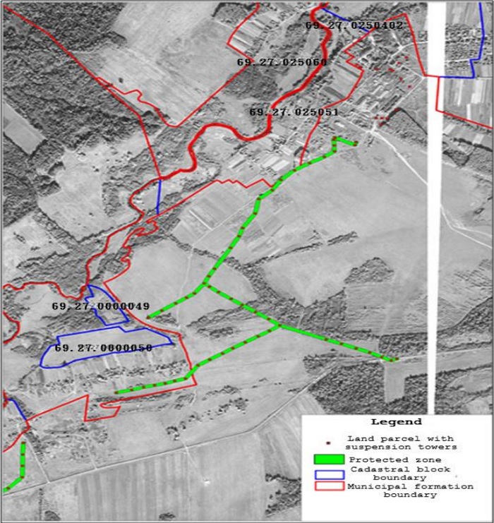 Protected zone and the farmland
parcel with the suspension towers placed on it (Location Map Diagram)