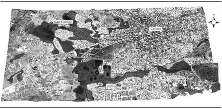 Imagen del centro de San Crist&oacute;bal de Las Casas donde se muestran las &aacute;reas inundables y las pendientes mayores