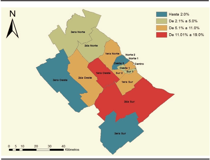 Proporción de jefes/as de hogar nacidos/as en Bolivia, Paraguay y Perú. Región Metropolitana de Buenos Aires, 2001