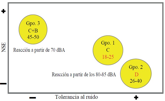 Rango de tolerancia a los niveles sonoros a los que se sometió a los participantes, por grupo de enfoque, según el NSE y la edad
