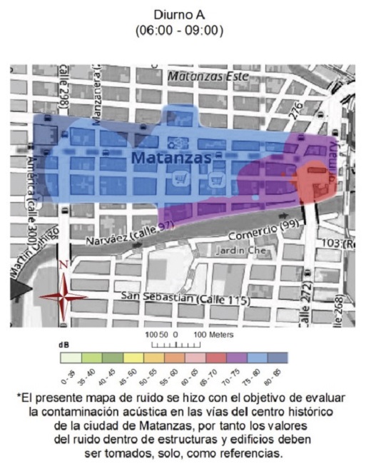 Mapa de ruido del centro histórico de la ciudad de Matanzas, correspondiente al horario diurno A