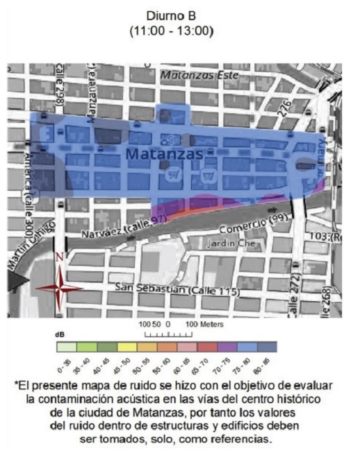 Mapa de ruido del centro histórico de la ciudad de Matanzas, correspondiente al horario diurno B