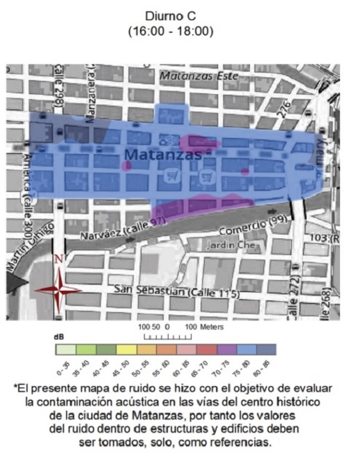 Mapa de ruido del centro histórico de la ciudad de Matanzas, correspondiente al horario diurno C