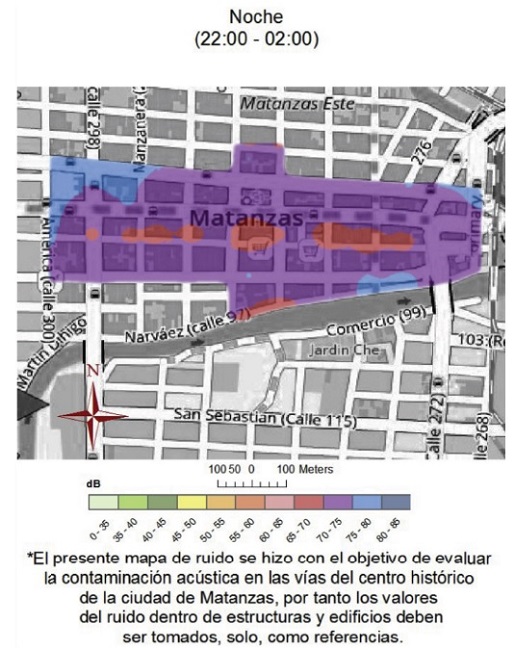 Mapa de ruido del centro histórico de la ciudad de Matanzas, correspondiente al horario de la noche