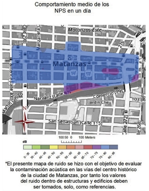 Mapa promedio del ruido del centro histórico de la ciudad de Matanzas, correspondiente a un día