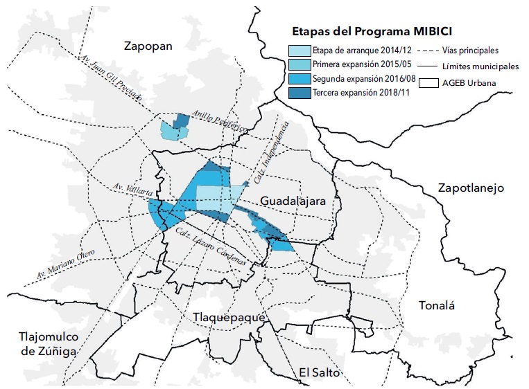 Localización de los polígonos servidos con estaciones del programa MiBici en el Área Metropolitana de Guadalajara, según etapa
