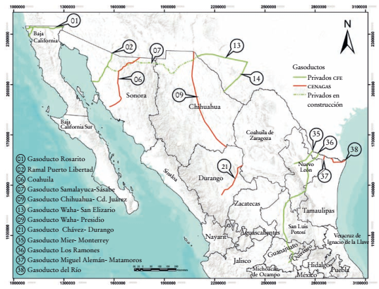Red de gasoductos en la frontera norte de M&eacute;xico