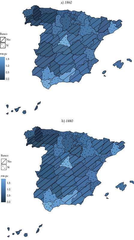 PIB provincial en 1860 y 1880, y bancos de emisi�n entre 1845 y 1866 