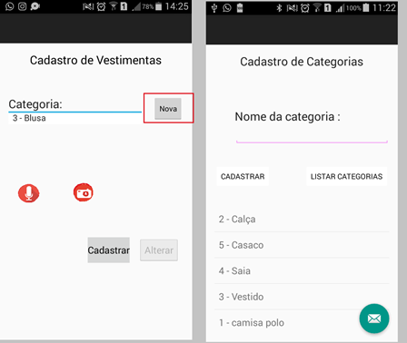 Cadastro de categorias de vestimentas