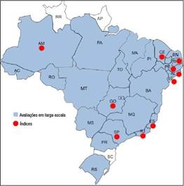 Brasil - Existência de avaliações em
larga escala e índices de qualidade próprios em Unidades Federadas e Distrito
Federal