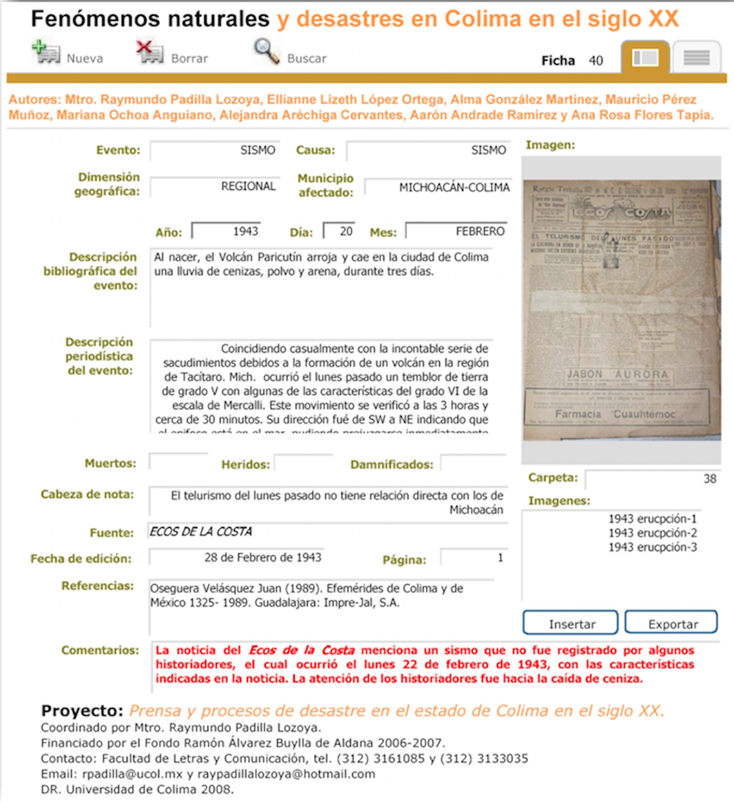 Ejemplo de la ficha de la base de datos Prensa y procesos de desastre en el estado de Colima en el siglo XX