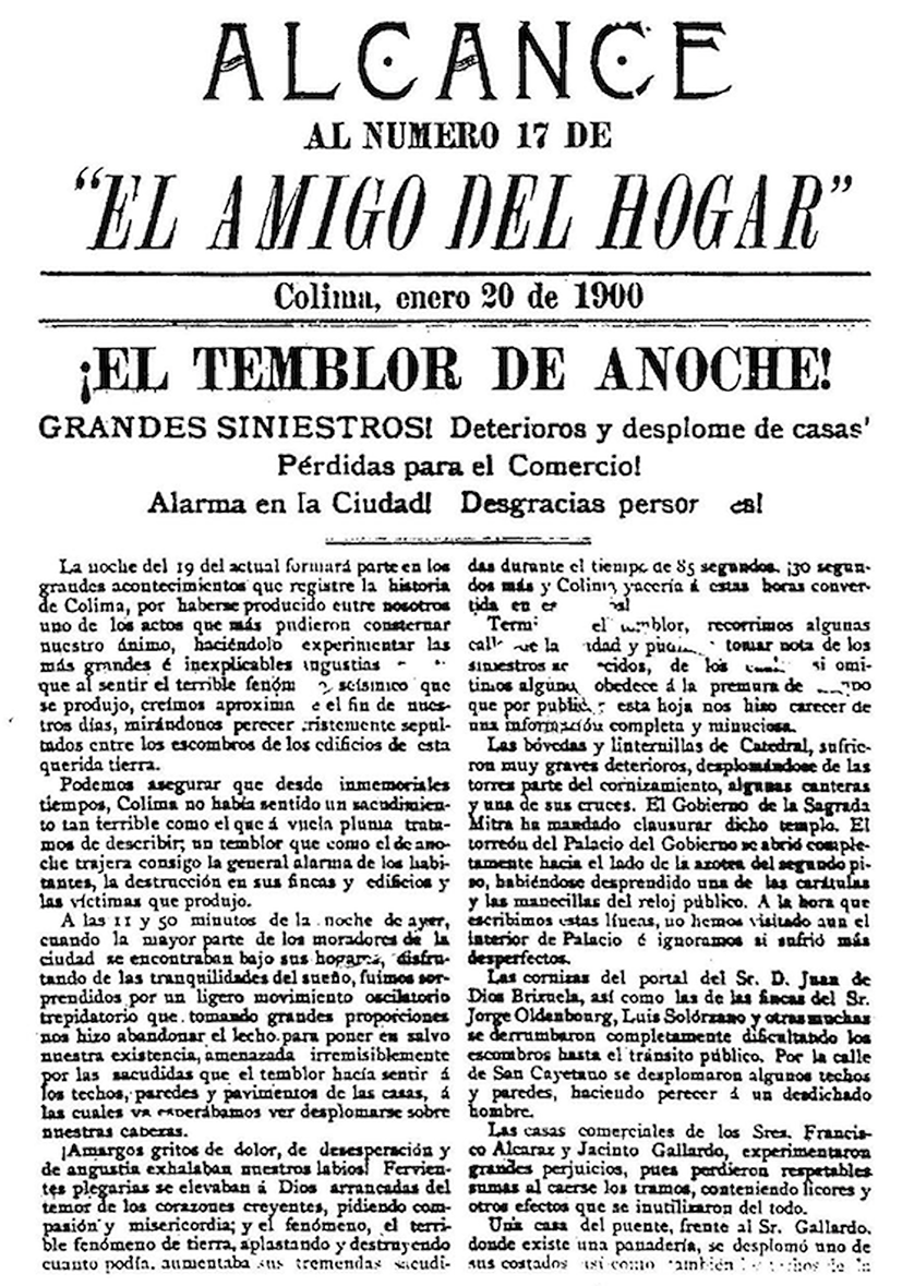 Portada con informaci&oacute;n del terremoto del 19 de enero de 1900