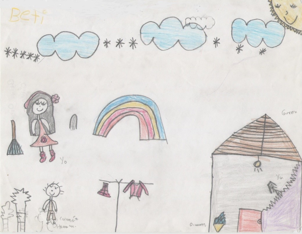 Dibujo de niña cuidando a su hermano, barriendo y lavando ropa