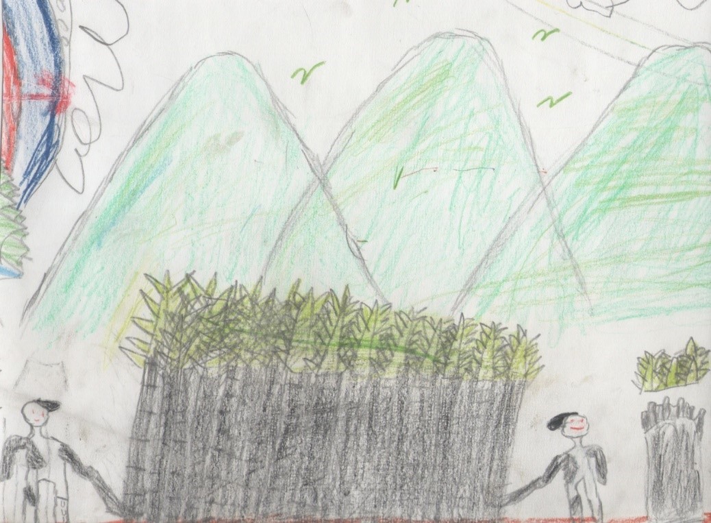 Dibujo de niños tiznados cortando caña con el machete con una tonga a la derecha