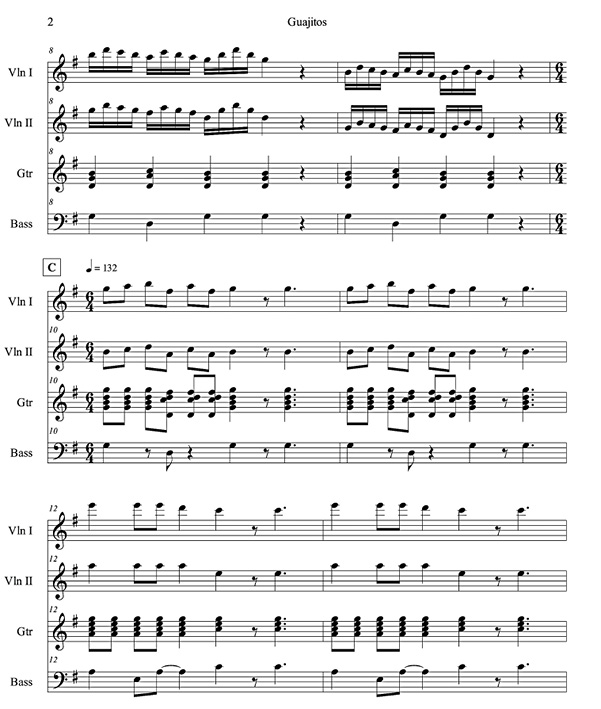 Segunda parte de la partitura por seccionesde la música correspondiente a la danza de “Los Guajitos”