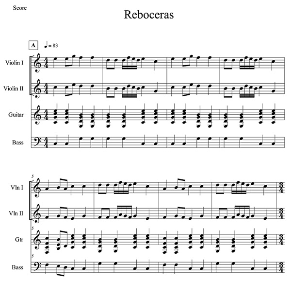 Primera parte de la partitura por seccionesde la música correspondiente a la danza de “Las reboceras”