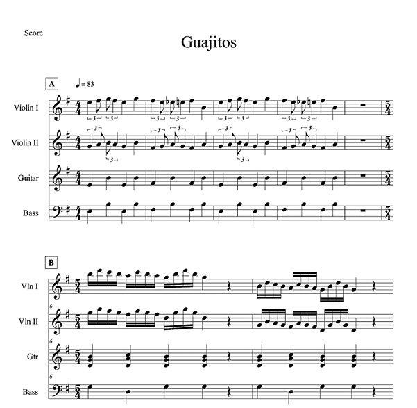 Primera parte de la partitura por seccionesde la música correspondiente a la danza de “Los Guajitos”.