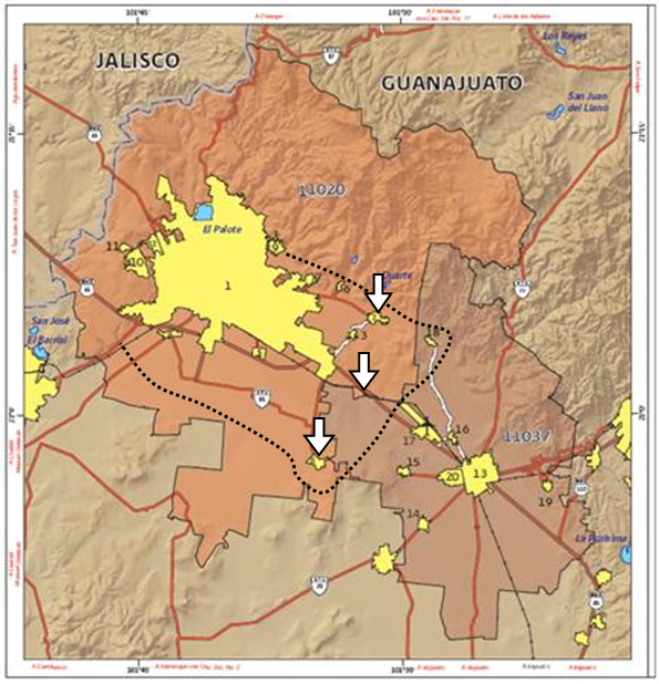 Ubicaci&oacute;n de tres localidades con Bachillerato SABES en el &aacute;rea periurbana de la ciudad de Le&oacute;n y Zona Metropolitana Le&oacute;n-Silao, 2010