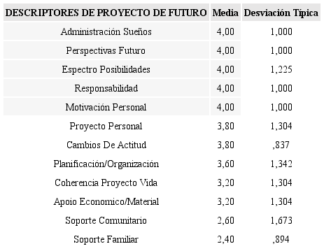 Descriptores del Indicador Proyecto de Futuro Media y Desviación Típica