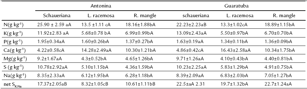 Leaf macronutrient and Na
concentrations and net selectivity index for K (net SK:Na) of three species ( A. shaueriana, L. racemosa  and  R. mangle  growing in mangrove areas, State of
Paran&aacute;, Brazil. 
